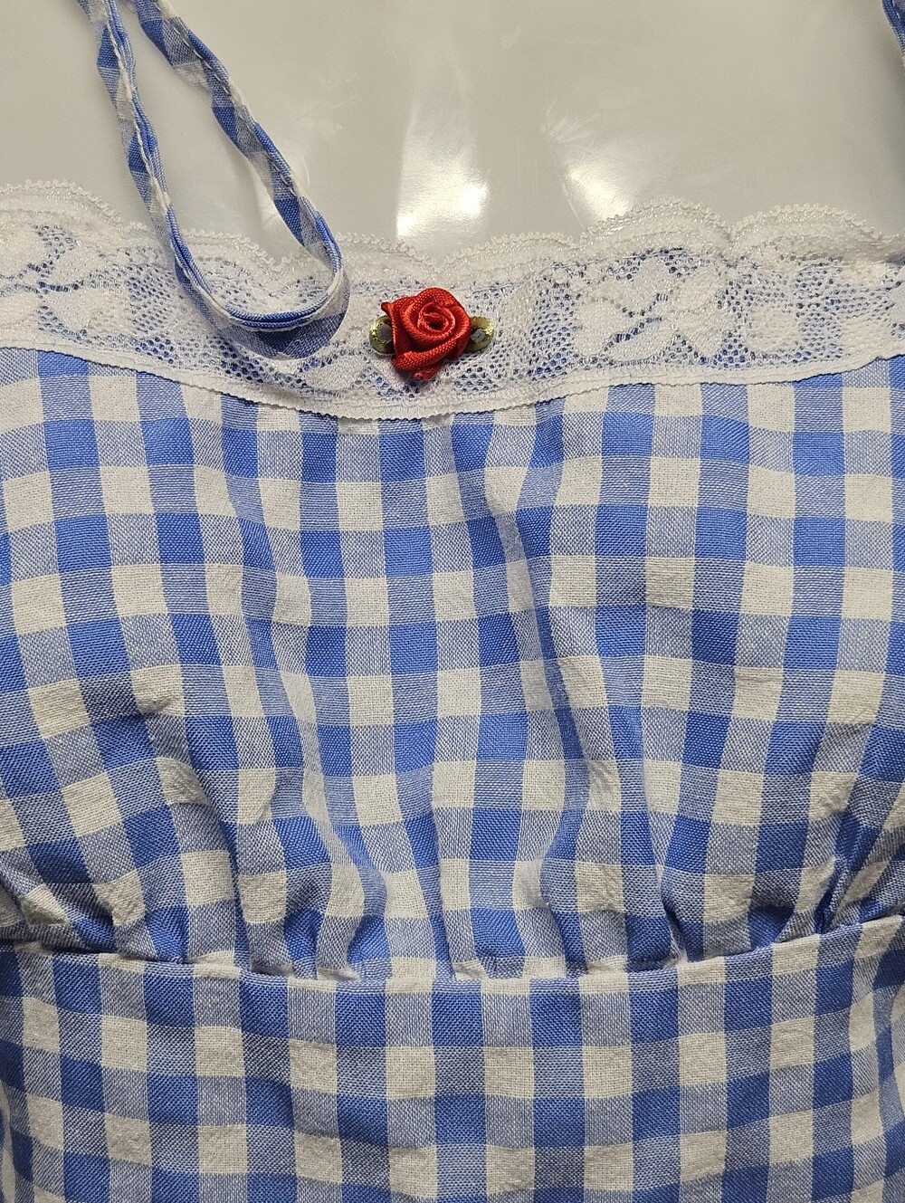 Y2K Blue Gingham Lace Trim Tie Strap Cami Top Rose Detail Size S Cottagecore - Picture 8 of 10